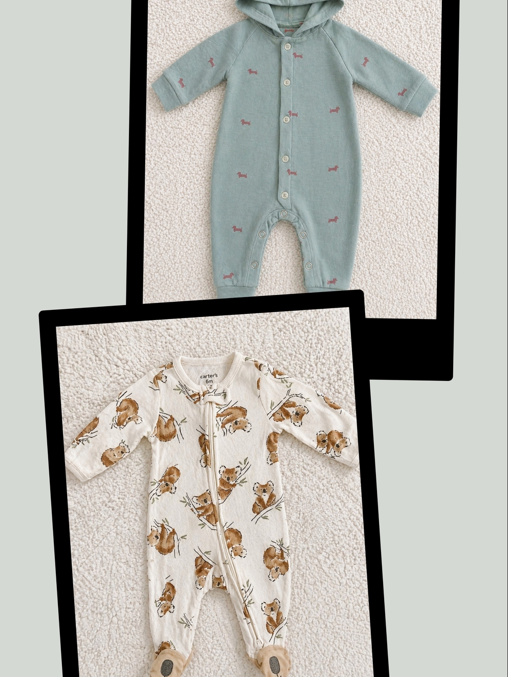 Newborn Baby Teal Hooded Romper w/ Tiny Pink Dog Prints & Footie w/ Koala Print